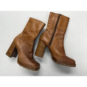 Women's Tan Leather Block Heel Zip Mid-Calf Boots